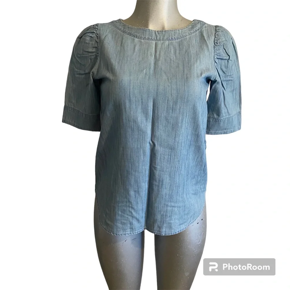 LOFT Chambray Boho Top Blouse Elbow Puff Sleeve Peasant Coastal Oversized XS